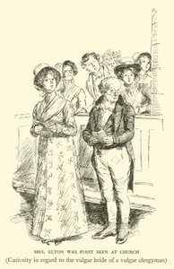 A Sra. Elton foi Primeira Vidente na Igreja, Curiosidade em relação à noiva vulgar de um clérigo vulgar (gravura) de Hugh Thomson