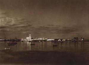 México: Panorama do porto de Vera Cruz com o castelo de San Juan (fotografia a preto e branco) de Hugo Brehme