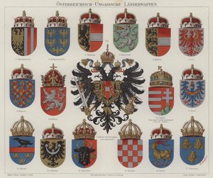 Escudos de armas do Império Austro-Húngaro (cor litho) de Hugo Gerard (after) Strohl