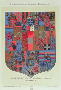 01315 Brasão de Armas do Império Austro-Húngaro, mostrando os rolamentos da Corte Austríaca Imperial gravada por RM Rohrer (lito colorido) de Hugo Gerard Strohl