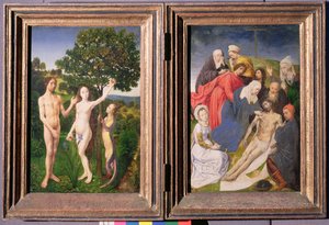 Díptico: A queda do homem (Adão e Eva, serpente e maçã) e a descida de Jesus da cruz (depois de 1479)