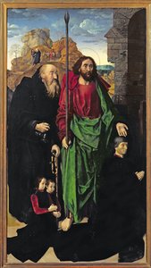 O Retábulo de Portinari, São Tomás e Santo Antônio, o Eremita, com Tommaso Portinari e dois filhos Antonio e Pigello, Esquerda, c.1479 de Hugo van der Goes