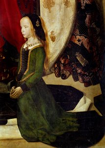 Tryptic de Portinari Detail representando uma jovem em oração. Pintura de Hugo van der Goes (1440-1482). 1475 aproximadamente. H/B. 253x304 cm. galeria degli Uffizi (Escritórios), Florença. de Hugo van der Goes