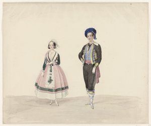 Homem e mulher em trajes históricos, 1841 Seis aquarelas de trajes históricos para o baile à fantasia em 1841 (título da série)