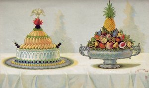 Projeto para a apresentação de frango frito com maionese e alfazema numa cama de manteiga e gelo e frutas, ilustração de um livro de culinária húngara sobre culinária francesa, c.1880 de Hungarian School