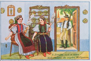 Cartão postal representando as mulheres no vestido tradicional húngaro girando e cantando a canção popular Sing a Song to the Frog, c.1940 de Hungarian School