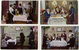 Cartões postais representando a família judia em Rosh Hashaná de Hungarian School