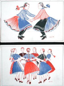 Cartões postais com danças tradicionais húngaras, c.1947-8 (cor litho) de Hungarian School