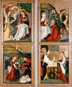 A Anunciação, o Nascimento de Cristo, a Adoração dos Magos e a Apresentação no Templo a partir do Retábulo de Szepeshely, 1480-90 de Hungarian School
