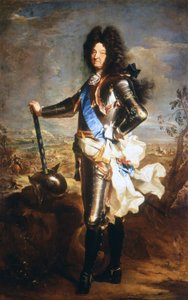 Retrato de Luís XIV, o Rei Sol (1638 - 1715). Óleo de Hyacinthe Rigaud, nomeado retratador do Rei.