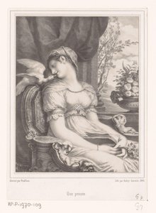 Mulher sentada com livro e pássaro branco Une pensée (título no objeto) de Hyacinthe Louis Victor Jean Baptiste Aubry Lecomte