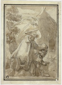 Homem sentado no manto por Thatched Hut de III Follower of Herman Saftleven