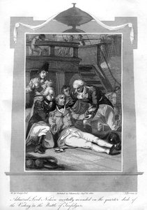 Almirante Nelson deitado mortalmente ferido no convés do quarto do HMS Victory, 1816.