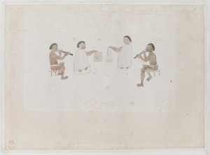Músicos do Tahiti. Quatro taitianos, dois vestidos na égua tocando flauta do nariz; dois vestidos na tiputa batendo tambores, Gravado em Joseph Banks