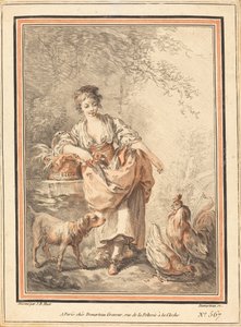 Mulher alimentando galinhas de I Gilles Antoine Demarteau after Jean Baptiste Hüet