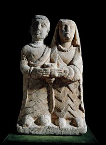 Arte ibérica: estatueta de um casal a fazer uma oferta. Escultura de Albacete, Cerro de los Santos, Espanha. Século IV-2nd AC Madrid, Museo Arqueologico Nacional