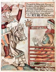 Hermod montado em Sleipnir, o famoso carregador de oito patas de seu pai, nos portões barrados do Reino de Hel de Icelandic School