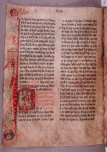P inicial historiada no início da seção sobre ladrões, de "Skarosbok" ("O Livro da Skard") c.1350 (vellum)