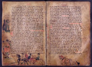 Duas páginas ilustradas de uma cópia da coleção original da lei Jonsbok do século XIII de Icelandic School