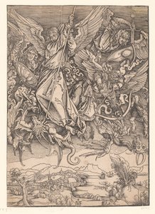Os arcanjos combatem os dragões
Cópias do Apocalipse de Dürer (título da série) de Ieronimus Greff von Frankfurt