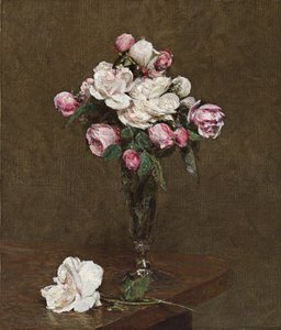Rosas cor de rosa e brancas em uma flauta de champagne, 1874 de Ignace Henri Jean Fantin-Latour