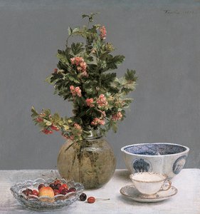 Natureza morta com vaso de espinheiro, tigela de cerejas, tigela japonesa e xícara e pires de Ignace Henri Jean Fantin-Latour