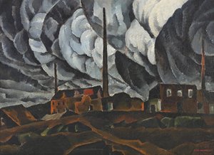 Paisagem com prédio da fábrica, início da década de 1920. de Ignati Ignatyevich Nivinsky