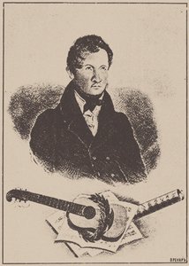 Retrato do compositor e guitarrista Mikhail Timofeyevich Vysotsky 1791-1837, 1834. de Ignatov
