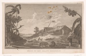 Vista da ilha Nomuka no Oceano Pacífico a partir de terra
Vista da ilha de Roterdão (título sobre o objecto) de Ignaz Sebastian Klauber (possibly)