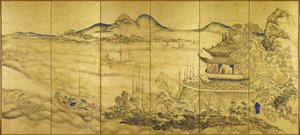 Paisagem com torre, c.1750 (ouro, tinta e cor sobre papel) de Ike no Taiga