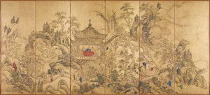Paisagem com Pavilhão (Roukaku Sansui Zu, Paisagem com Torre) - Parte esquerda de um par de telas de seis painéis de Ike no Taiga (1723-1776), aquarela e tinta sobre papel, cerca de 1750 - Século XVIII Arte japonesa, paisagem Oriental - Tóquio Nacional M
