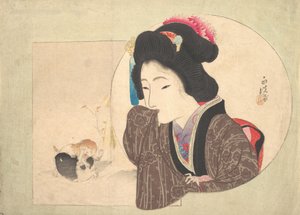 Gravura [mulher e cachorrinhos], início de meados do século XIX. de Ikeda Eisen