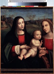 "Madonna and Child with St Catherine of Alexandria" Pintura de Francesco Raibolini, conhecido como il Francia (1450-1518) Museu do Eremitério de São Petersburgo