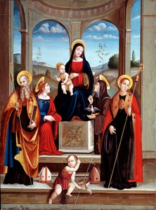 Madonna com a criança e os Santos Benedito de Nursia, Justine, Placide e Scolastica (óleo sobre madeira, c.1515)