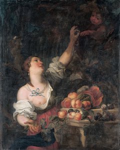 Uma mulher colhendo uvas e um putto por um pedestal clássico adornado com frutas de Il Borgognone