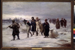Em 1812. (Prisioneiros capturados da Grande Armée de Napoleão caminham na neve, exaustos, escoltados por camponeses russos). Pintura de Illarion Mikhailovich Pryanishnikov (1840-1894), óleo sobre tela