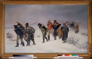 Em 1812 (prisioneiros capturados do Grande Exército de Napoleão marcham pela neve, exaustos, escoltados por camponeses russos). Pintura por Illarion Mikhailovich Pryanishnikov (1840-1894), óleo sobre tela