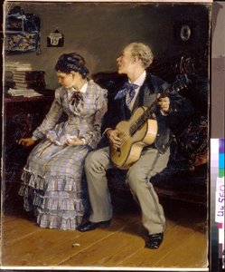 Romance sem escrúpulos. (Romance sem escrúpulos). Pintura por Ilarion Mikhailovich Pryanishnikov (1840-1894), óleo sobre tela