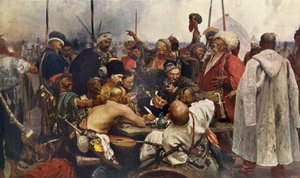 A resposta dos Cossacos Zaporogues ao Sultão Mehmet IV (Muhammad, Mehmet, Mehmed, Mahmoud) (1642-1693) da Turquia Gravura do século XIX, depois de uma pintura de Ilya Repine. Cossacos russos enviando uma mensagem de ódio ao exército turco de Constança