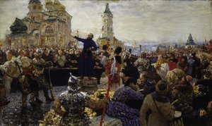 Kuzma (Kuzma) Minin (morto em 1616) apela ao povo de Nizhny Novgorod em 1611 (Ele aumentou a população de Moscovo contra os polacos) - Pintura por Ilya Yefimovich Repin (1844-1930), óleo sobre tela de Ilya Efimovich Repin