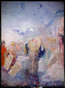 Moisés e os Dez Mandamentos. Atrás dele, o Bezerro de Ouro. Pintura por Yuri Ilyich Repin (Yuri Repine) (1877-1954), óleo sobre tela, ca. 1930. Arte russa, século XX, arte moderna. I. Repin Memorial Museum Penates, São Petersburgo. de Ilya Efimovich Repin