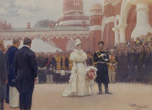 Nicolau II recebendo anciãos do distrito rural em 18 de maio de 1896 no pátio do Palácio Petrovsky em Moscou, 1897 de Ilya Efimovich Repin