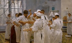 CIRURGIÃO EVGUÉNY PAVLOV NA SALA DE CIRURGIA de Ilya Efimovich Repin