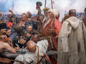 OS COSSACOS ZAPOROGUES ESCREVENDO UMA CARTA AO SULTÃO DO PERU de Ilya Efimovich Repin