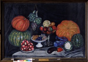 Vegetais. Natureza Morta com abóboras, alcachofras, ameixas, uvas, maçãs, pêras, beringelas, pimentos, couve, couve-flor e melancia (Vegetais). Pintura de Ilya Ivanovich Mashkov (Ilia Machkov, Matchkov) (1881-1944), óleo sobre tela de Ilya Ivanovich Mashkov