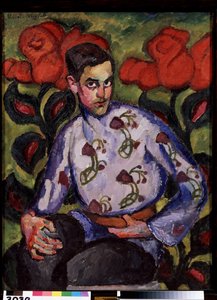 Retrato de um rapaz com uma camisa com flores. Pintura de Ilya Ivanovich Mashkov (Ilia Machkov, Matchkov) (1881-1944), óleo sobre tela de Ilya Ivanovich Mashkov