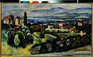 Vista da Cidade de Nervi (Itália). Descrição da paisagem e da pequena cidade na costa da Riviera italiana, perto de Génova, no Verão. Pintura de Ilya Ivanovich Mashkov (Ilia Machkov, Matchkov) (1881-1944), óleo sobre tela. de Ilya Ivanovich Mashkov