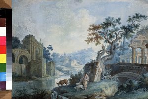 Paisagem Italiana. Um pastor leva o seu gado a beber do rio, eles estão rodeados de ruínas. No fundo, um barco transporta passageiros de um banco para o outro e as fortificações fecham o horizonte. Pintura de Ilya Vasilyevich de Ilya Vasilyevich Neyelov