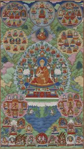 O Imperador Qianlong como Manjusri, o Bodhisattva da Sabedoria, Dinastia Qing (tinta, cor e ouro em seda) de Imperial Workshop