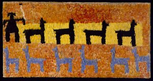 Painel de penas com lhamas e pastor de lhamas, 1450-1534 AD (algodão e penas)